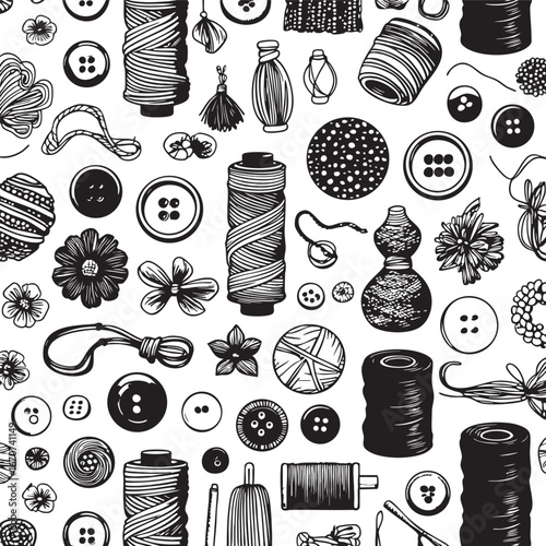 Craft supplies pattern outline. Monochrome vector with buttons fabrics threads and beads.