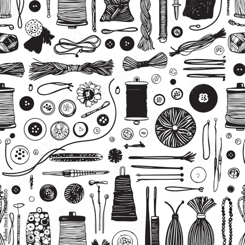 Craft supplies pattern outline. Monochrome vector with buttons fabrics threads and beads.
