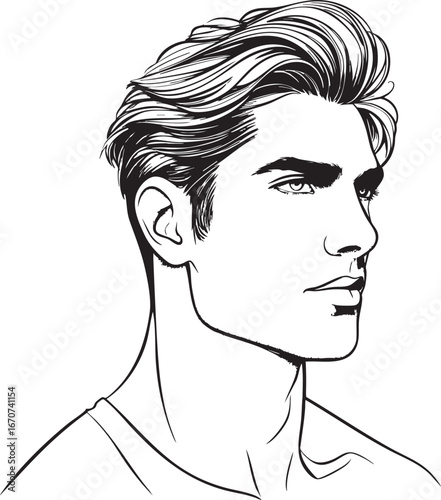 Handsome male outline portrait. Minimalist side profile with clean jawline and styled hair.
