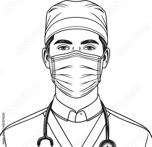 Outline vector portrait of surgeon with face mask and cap minimalist black and white