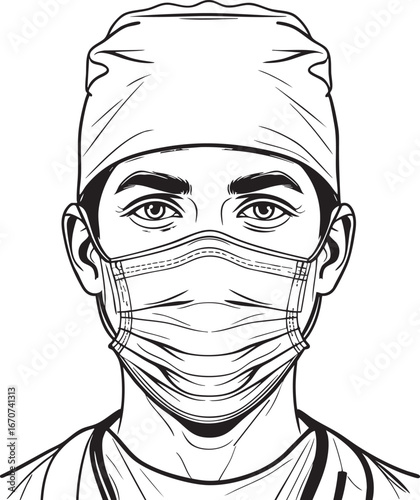 Outline vector portrait of surgeon with face mask and cap minimalist black and white