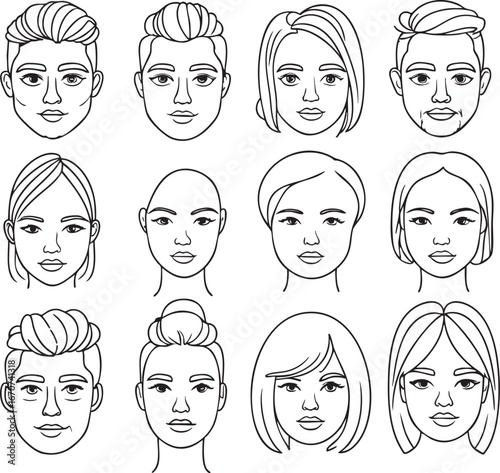 Outline set of diverse avatars. Minimalistic male and female faces in black and white vector style.