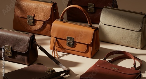 Selection of elegantly crafted leather handbags in a variety of sophisticated colors and textures