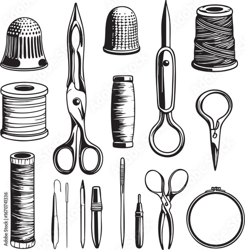 Sewing tools and fabric outline. Vector illustration with thimbles seam rippers and fabric rolls.