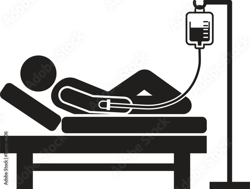 Minimalist Black Silhouette Illustration of Patient on Hospital Bed with IV Drip