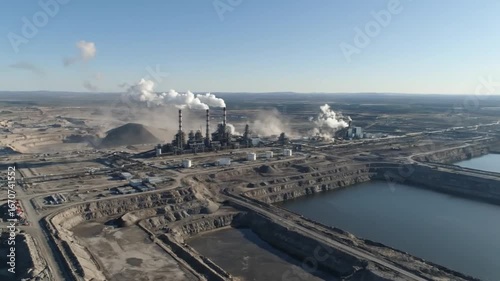 Oil sands extraction site with industrial plants releasing smoke surrounded by waste ponds