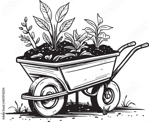 Wheelbarrow with soil and plants outline. Minimalist gardening vector for outdoor and farming concepts.