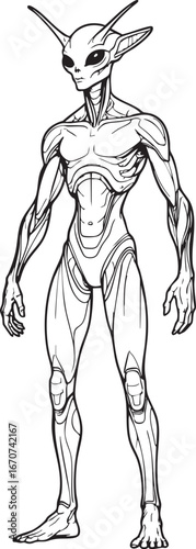 Alien humanoid outline. Sci-fi concept character with elongated form and crest.