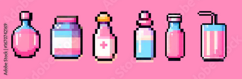 Cute pixel art illustration in 8-bit style shows six assorted bottles and drinks. Theme is potion bottles and beverages. Dominant colors are pastel pink and blue.