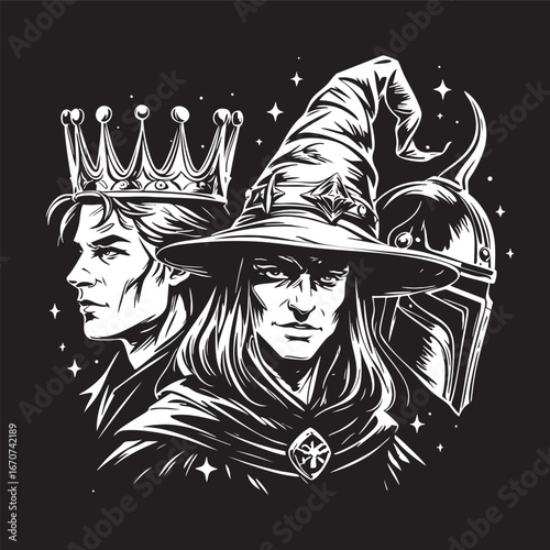 Fantasy headwear outline collection. Crown wizard hat and helmet in vector art.