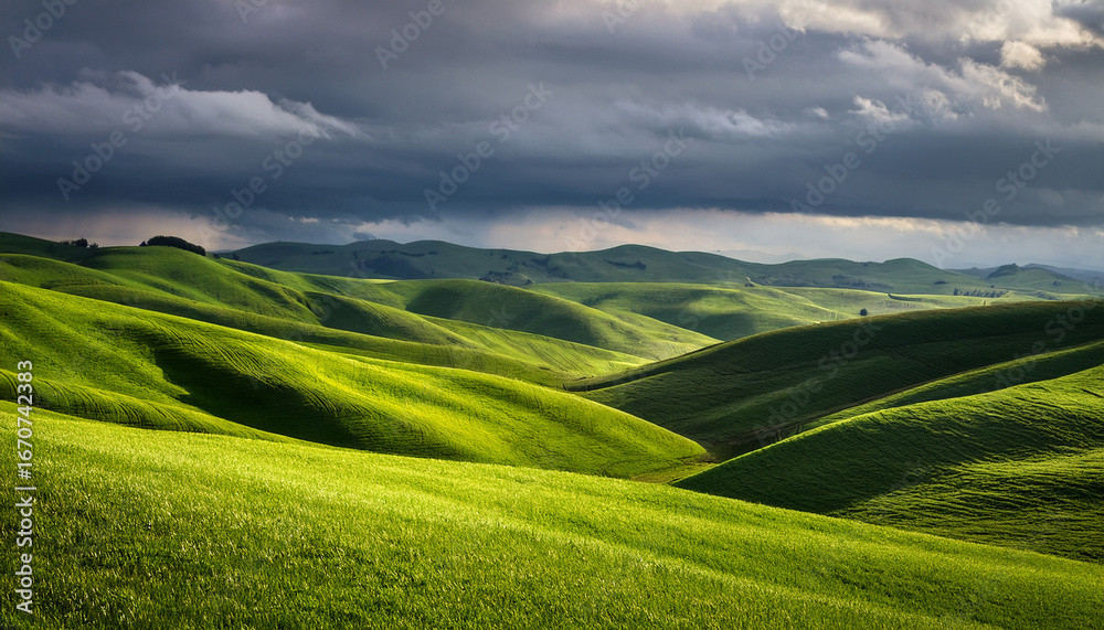 Obraz premium rolling green hills under a gray sky