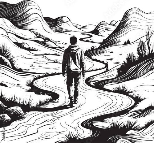 Personal journey outline. Lone figure walking path through symbolic landscape of growth.