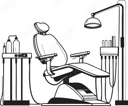 Dentist chair and lamp outline vector. Minimal dental clinic equipment in line art format.