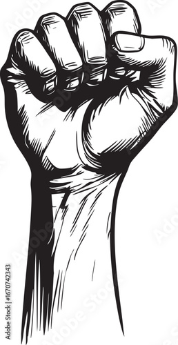 Power fist outline. Symbolic sketch of strength and resistance with bold contour lines.