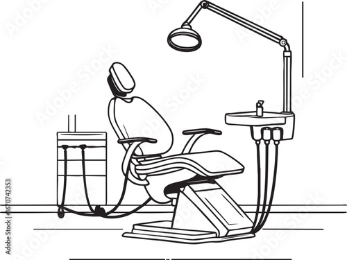 Dentist chair and lamp outline vector. Minimal dental clinic equipment in line art format.