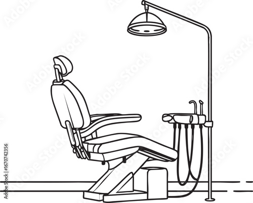 Dentist chair and lamp outline vector. Minimal dental clinic equipment in line art format.