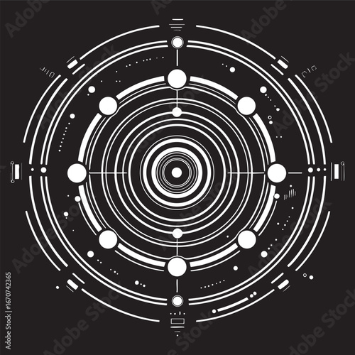 Radial tech banner outline. Minimalist black and white vector with futuristic concentric tech elements.
