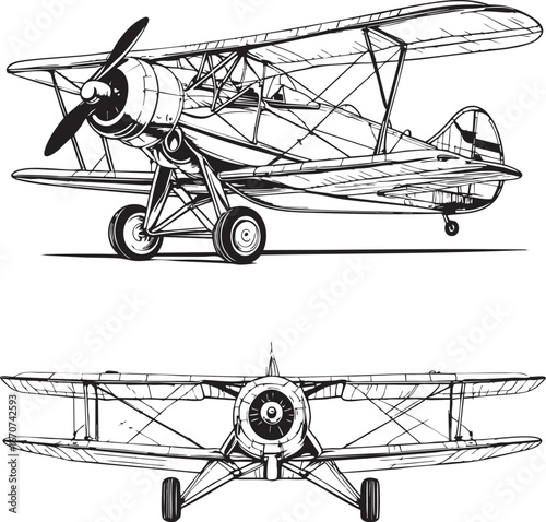 Vintage biplane aircraft outline vector – diagonal and frontal views detailed line drawing