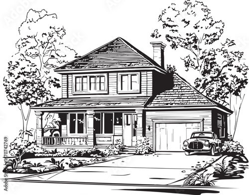 Suburban family home outline vector. Line art of house with driveway and trees.