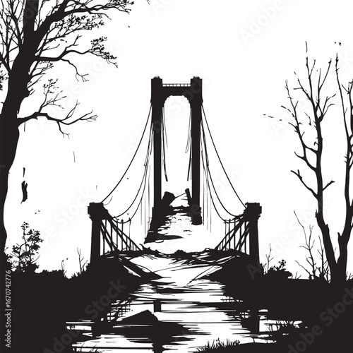 Collapsed bridge in post-human world. Outline vector with desolate atmosphere.