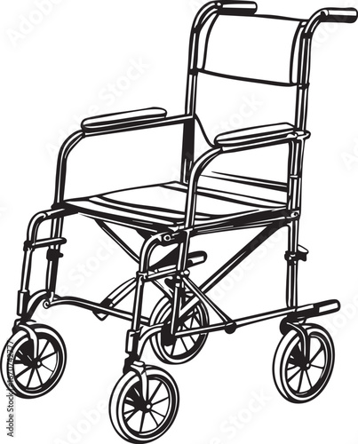 Foldable transport wheelchair outline. Compact medical mobility device vector.