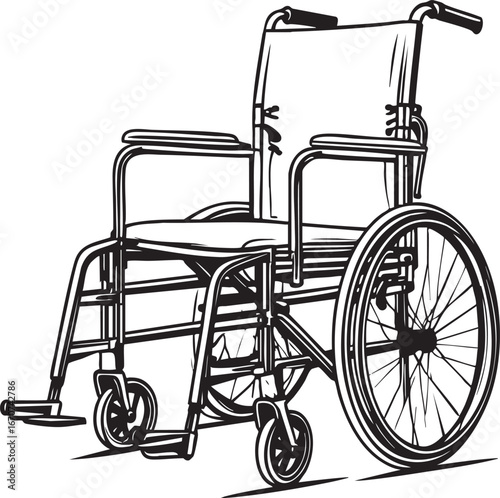 Foldable transport wheelchair outline. Compact medical mobility device vector.