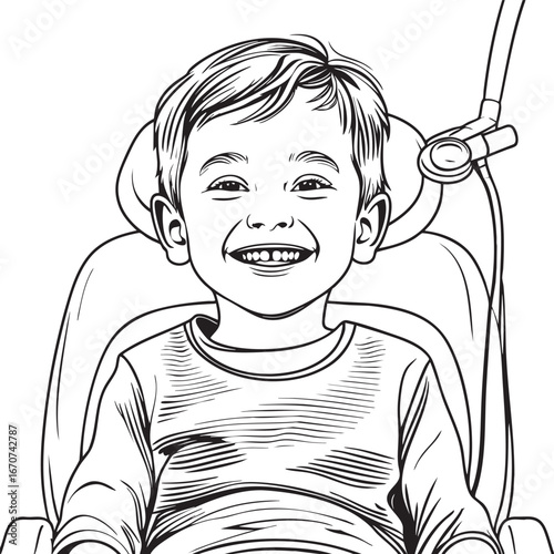Pediatric dental checkup outline vector. Child smiling in dentist chair minimal line art.