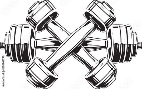 Pair of crossed dumbbells in minimal outline vector style top view
