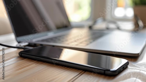 A black cell phone sits on a wooden table next to a laptop. The phone is turned off and the laptop is open. The scene suggests a moment of relaxation or contemplation