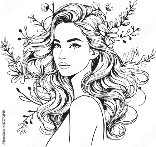 Pretty woman outline vector. Elegant female portrait with floral details in minimal style.