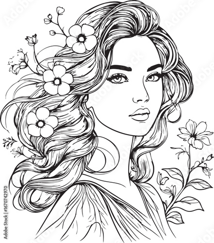 Pretty woman outline vector. Elegant female portrait with floral details in minimal style.