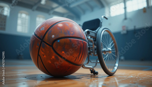 Basketball in Front of Wheelchair – Inclusive Indoor Basketball Court Scene