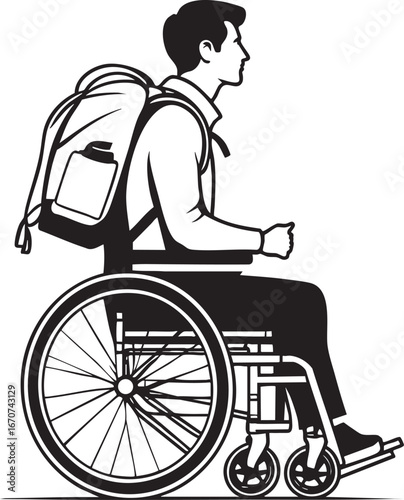 Traveler with backpack in wheelchair. Inclusive outline vector for accessible adventures.