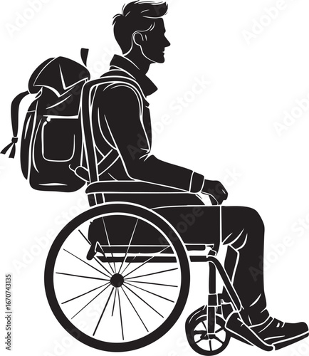 Traveler with backpack in wheelchair. Inclusive outline vector for accessible adventures.