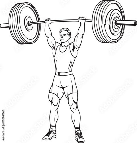 Weightlifter lifting barbell overhead. Outline vector illustration for strength training and fitness