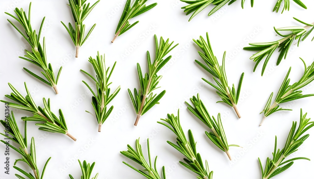 Fototapeta premium Fresh rosemary sprigs arranged on a white background (1)