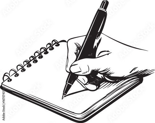 Outline of writing practice vector. Hand with pen in notebook for study or journaling.