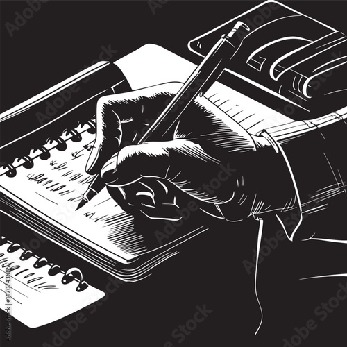 Outline of writing practice vector. Hand with pen in notebook for study or journaling.