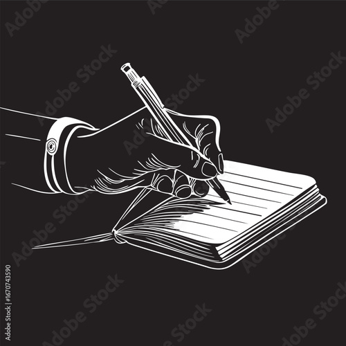 Outline of writing practice vector. Hand with pen in notebook for study or journaling.