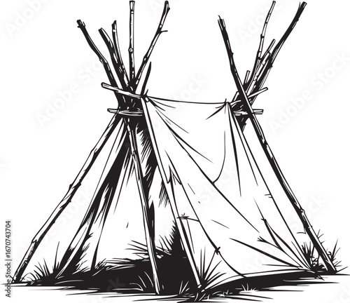 Improvised survival tent outline. Minimal vector shelter for emergency use.
