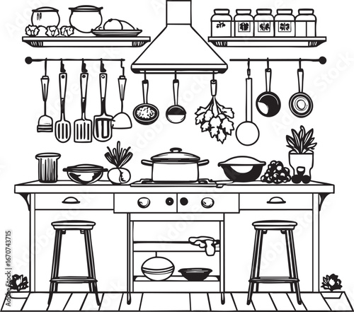 Cooking preparation outline vector. Ingredients on table in simple linear design.