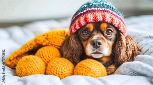 Adorable Cavalier King Charles Spaniel Dog Wearing Knit Hat Cozy Winter Scene