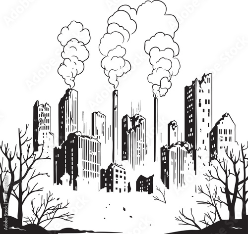 Outline ruined city skyline vector. Post-apocalyptic motif in linear black style.