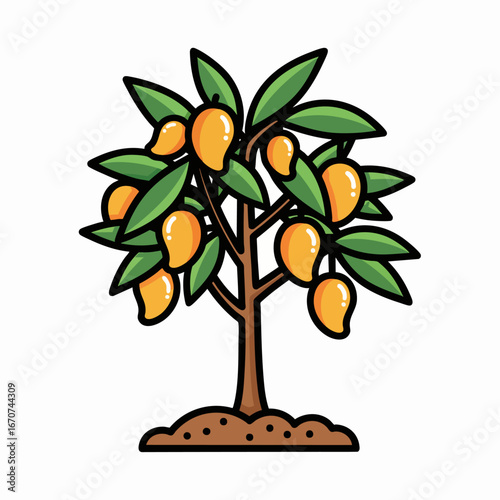 Tropical Mango Trees Illustration - Lush Green Foliage and Ripe Fruit on Branches, Ideal for Nature and Food Concepts