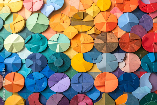 A mosaic of multicolored circular shapes, with each circle containing different segments and textures. The composition is a vibrant, textured abstract pattern of diverse forms.