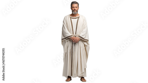 Aaron full-body in priestly linen robe, biblical character PNG image with transparent background, isolated Christian figure on white.