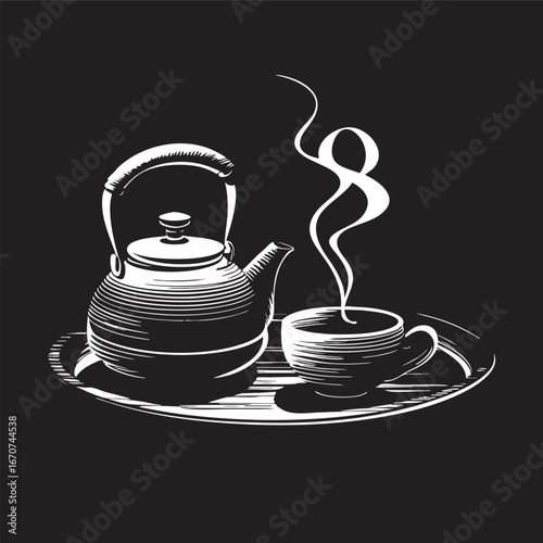 Traditional tea service outline vector. Kettle and cup line illustration with steam.