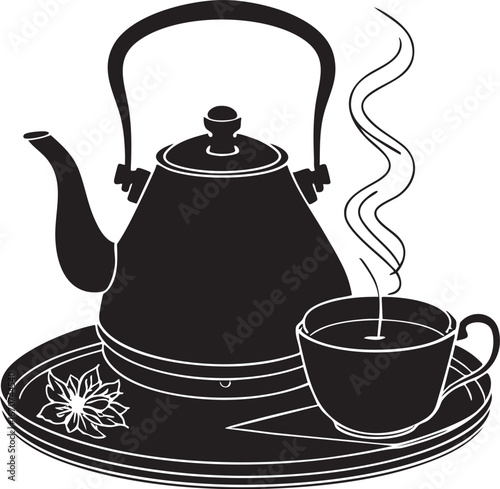 Traditional tea service outline vector. Kettle and cup line illustration with steam.
