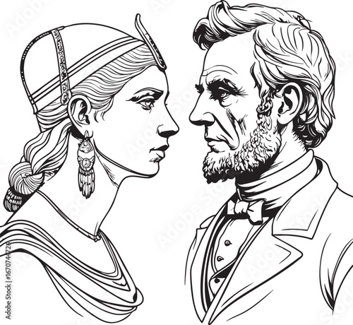 Outline portraits of Cleopatra Napoleon and Lincoln. Minimal historical vector icons.