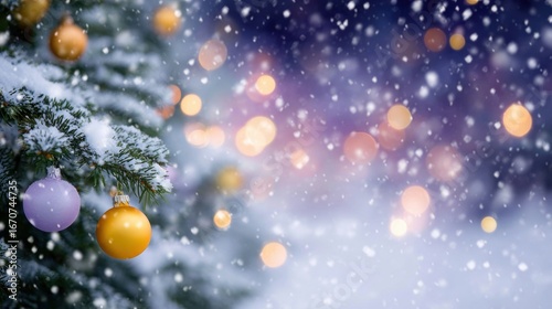 Snowy winter evening with colorful ornaments on a decorated Christmas tree